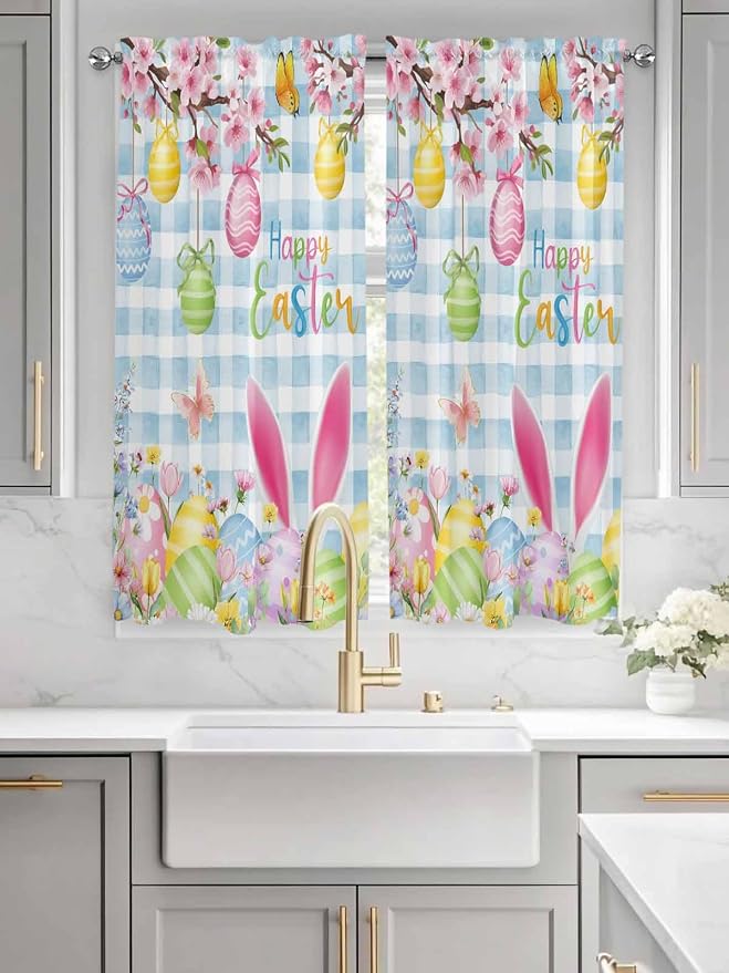 Happy Easter Bedroom Curtains 63 Inches length, Spring Watercolor Bunny Eggs - Image 3