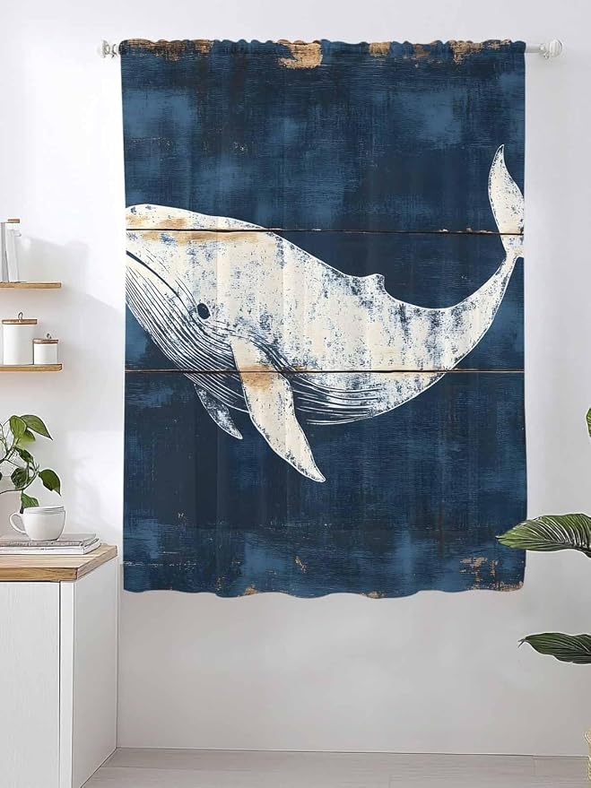 Sheer Curtains 63 Inch Length, Ocean Whale Blue Semi Sheer Curtains Light - Image 2