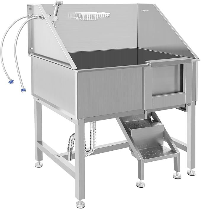 38" Stainless Steel Dog Cat Pet Grooming Bath Tub (w/Faucet, Sprayer, Shampoo Rack),Right Door