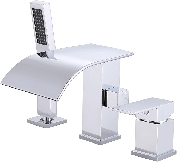 Waterfall Roman Tub Faucet with Hand Shower, Deck Mount Tub Filler Bathtub Faucet with Sprayer, Single Handle Bathtub Faucet Set, Brass Widespread 3 Hole Bathtub Shower Faucet Set, Chrome