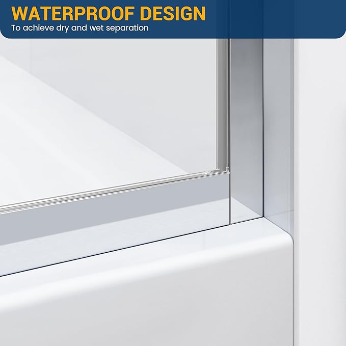 Bathtub Shower Glass Panel, 34" W X 58" H Tub Shower Door Fixed Glass Doors in Silver with 1/4"(6mm) Clear Tempered Door, Simple Shower Door Panel Easy to Install for Bathroom