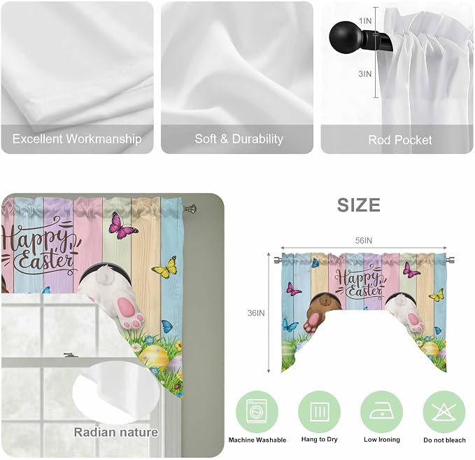 Swag Valance Curtains, Happy Easter Rabbit Butt Egg on Daisy Leaf Rod Pocket - Image 5