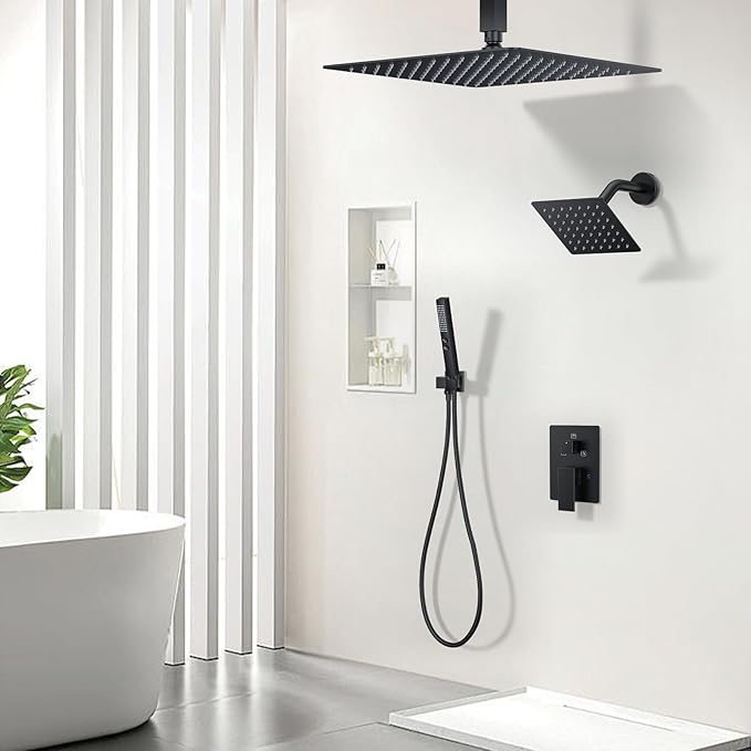Shower Faucet Set, Ceiling Mount Shower System 12-inch & 6-inch Dual Shower Head Set with 2 in 1 Handheld Spray Rain Shower Faucet Head with Rough-in Valve and Shower Trim Kit, Matte Black