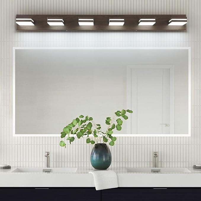 SineRise LED Modern Bathroom Vanity Light Fixtures (6-Light, 48-Inch), Brown Wood Painted Modern Acrylic Bathroom Wall Lighting Fixtures Over Mirror (Cool White 6000K)
