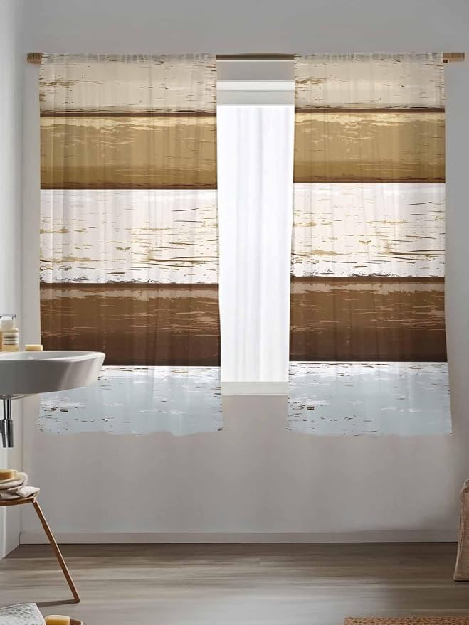 Sheer Curtains 63 Inch Length, Wood Grain Brown Semi Sheer Curtains Light - Image 5