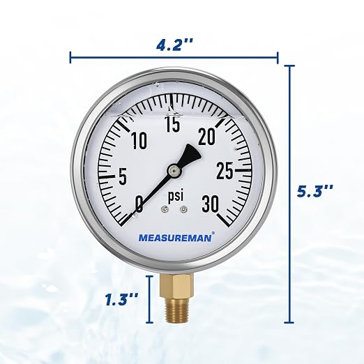 MEASUREMAN Glycerin Filled Plumbing Pressure Gauge 0-30psi Stainless Steel Case - Image 6
