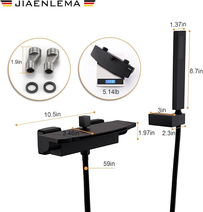 Wall Mount Tub Filler Matte Black Waterfall Tub Faucet with Sprayer, Brass Bathtub Wall Faucets with Hand Shower, High Flow Tub Spout, Bath Tub Faucet Set 2 Handles - JIAENLEMA