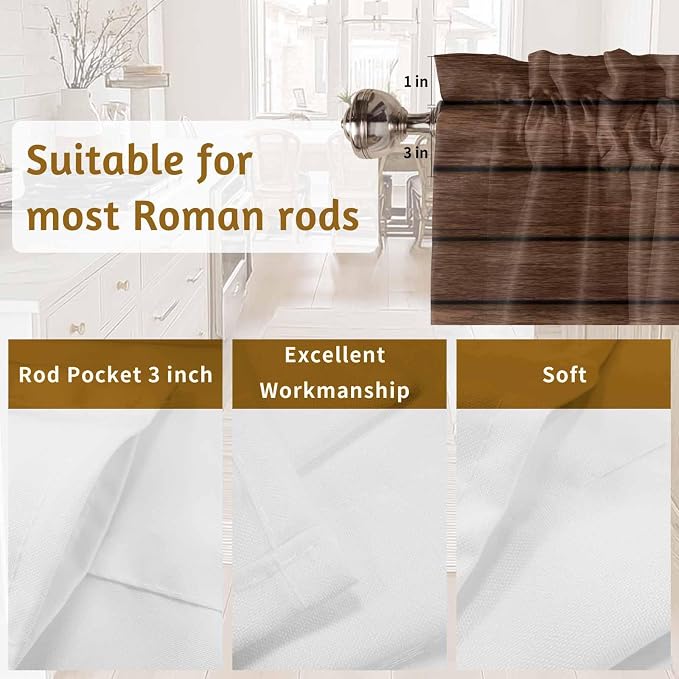2 Pack Kitchen Valance for Windows, Farm Brown Wood Board Light Filtering Rod - Image 5