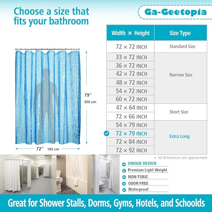 Ga-Geetopia Extra Long EVA 3D Blue Pearl Water Cube Plastic Shower Curtain Liner - Lightweight 72" x 80" Bathroom Shower Showroom Curtain Liner with Rustproof Metal Gromments and Weighted Magnet