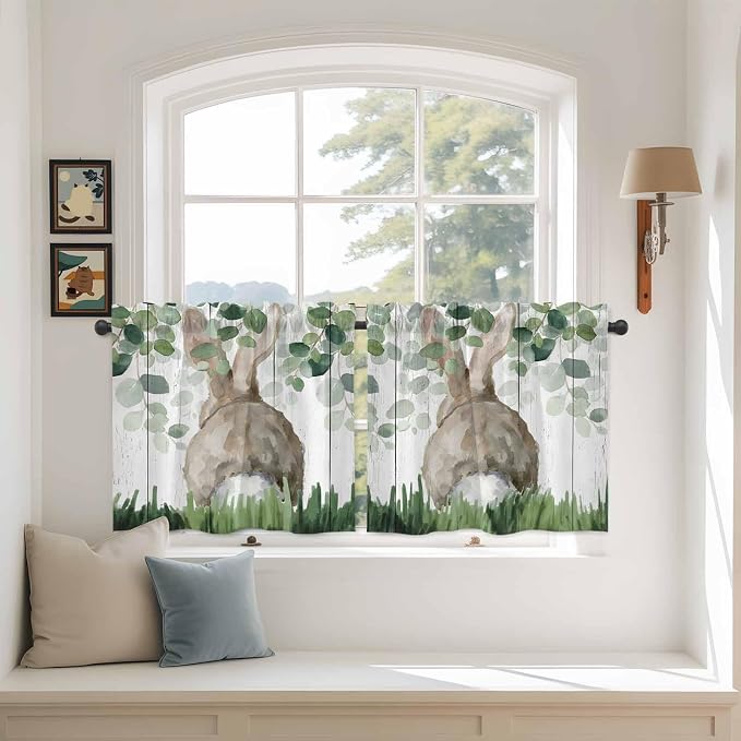 Easter Tier Curtains, Country Rabbit Botanical Leaves Wooden Grain Light - Image 3
