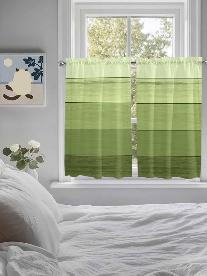 Gradient Green Wooden Board Window Valance Curtains, Retro Country Wood Grain - Image 5
