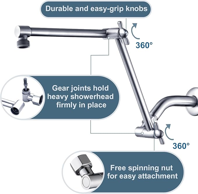 BRIGHT SHOWERS Brass Shower Arm Extender for Rain and Handheld Shower Head, 14 Inch Universal Shower Head Extension Arm, Adjustable Height & Angle, Chrome