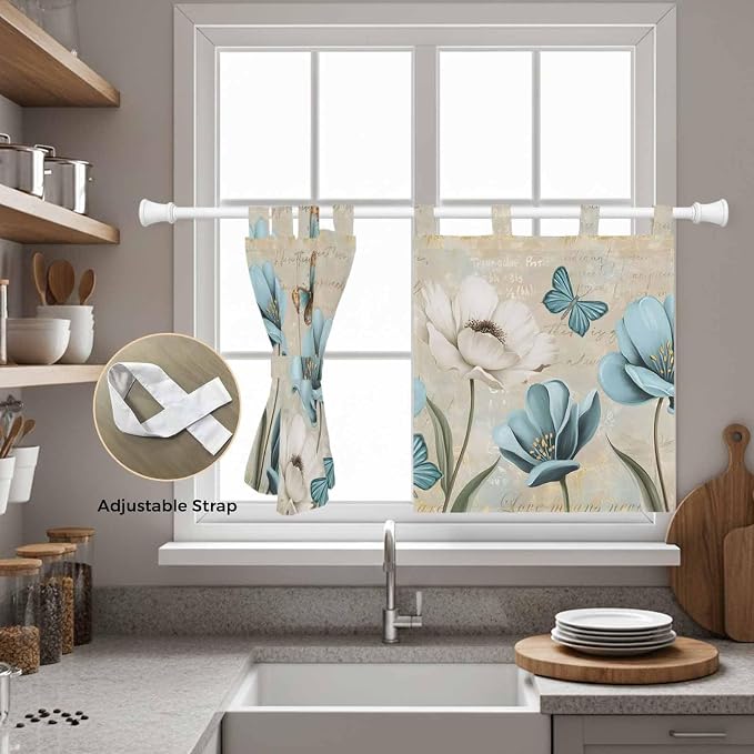 Spring Flowers Kitchen Curtains 24 Inch Length, Small Window Curtains Tab Top - Image 5