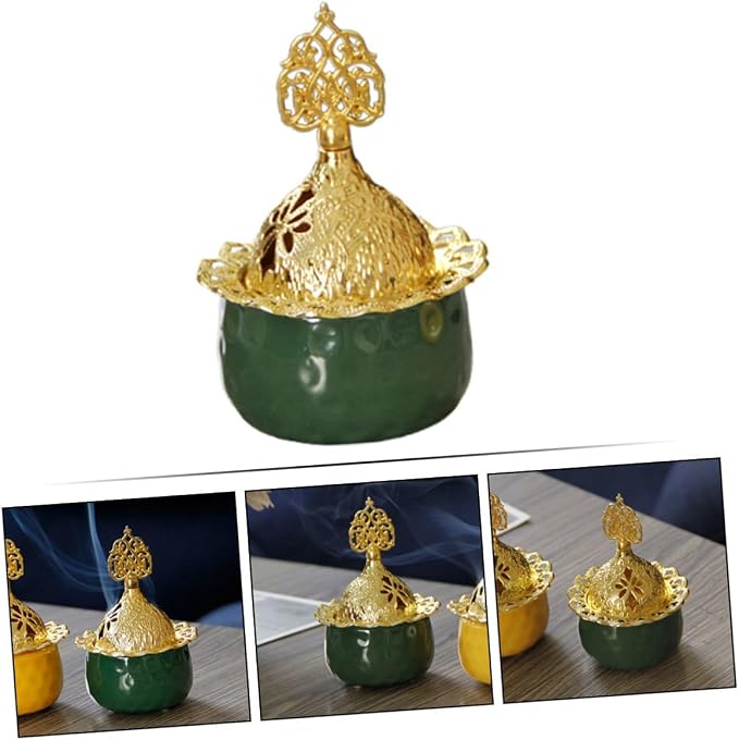 Elegant Green Ceramic and Metal Incense Burner - Image 3