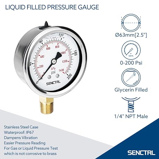 SENCTRL 0-200 Psi Glycerin Liquid Filled Pressure Gauge, 2.5" Dial Size - Image 2