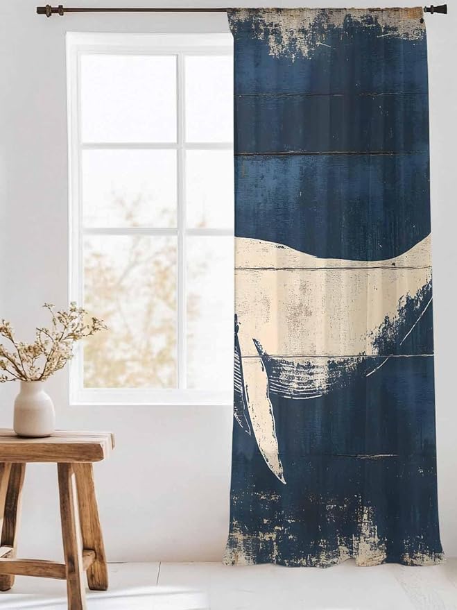 Sheer Curtains 108 Inches Long, Ocean Whale Blue Semi Sheer Curtains Light - Image 3