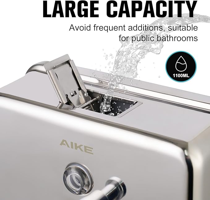 AIKE AK1005 Commercial Soap Dispenser – 37oz Capacity, Polished Stainless Steel Surface Mount
