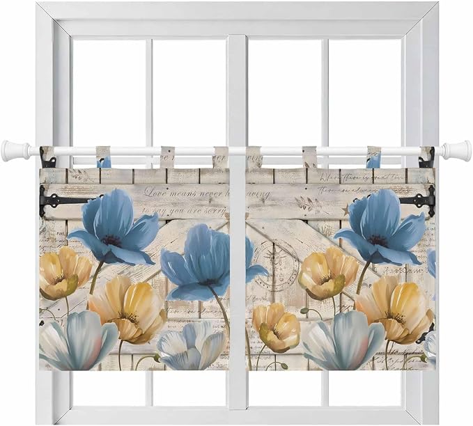 Blue Yellow Tulips Kitchen Curtains 36 Inch Length, Small Window Curtains Tab by Unknown