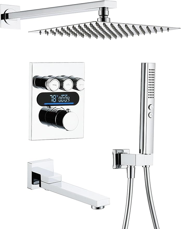 Lefton Shower System in Fahrenheit Display (Battery-free), 10” Overhead Shower Head with All-in-one Handheld Spray Showerhead and Bathtub Faucet, 4-in-1 Control System, SSWM2502 (Chrome)