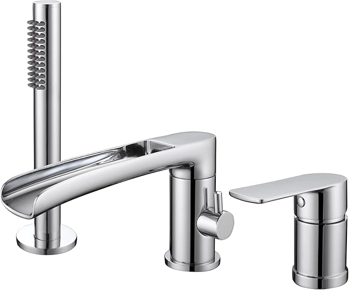 TapLong Waterfall Roman Tub Faucet with Hand Shower, Widespread Deck Mount Bathtub Faucet with Sprayer, Single-Handle 3-Holes Bathtub Shower Faucet Set in Chrome, 03119CH