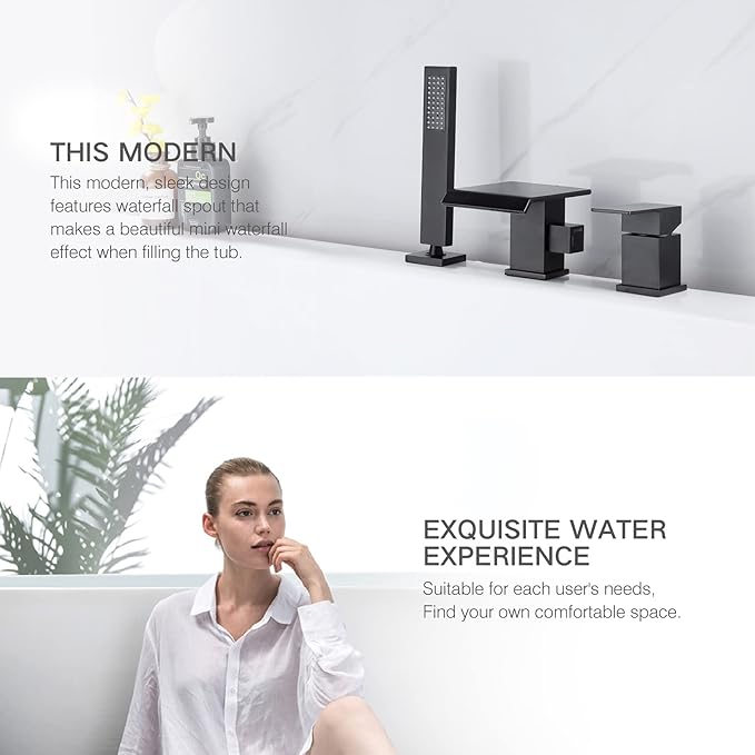 TapLong Modern Roman Tub Faucet with Hand Shower, Waterfall Deck Mount Bathtub Filler Faucet with Sprayer, Widespread 3-Holes Tub Shower Faucet Set in Matte Black, 02763B