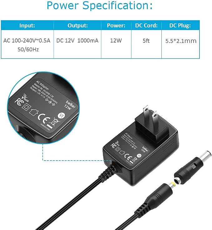 Belker 12W 12V 1A AC DC Adapter Wall Charger Power Adapter Supply 5.5 x 2.1mm - Image 4