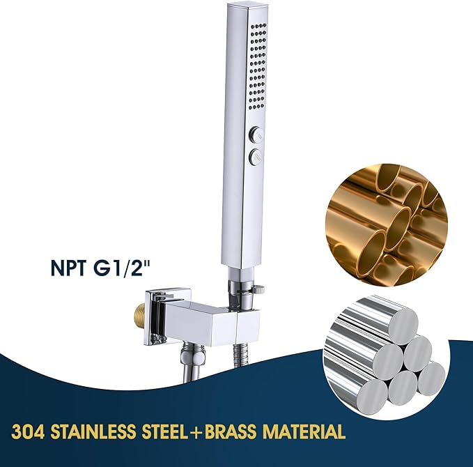 All-Metal High Pressure Square Handheld Shower Head with Jet Spray and Rainfall Modes, Volume Control Regulator, ON/OFF Switch, Hose and Wall Mounted Adjustable Bracket, Chrome Color