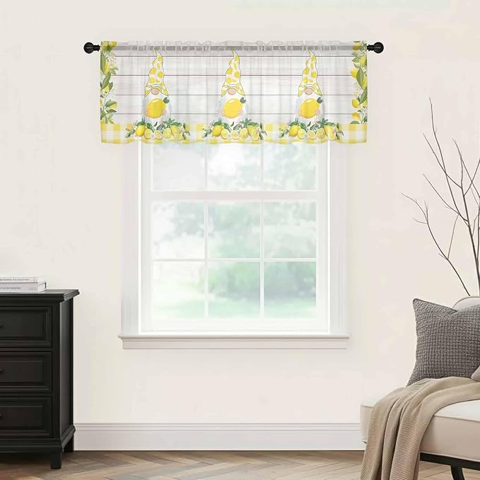 Lemon Dwarfs Sheer Valance Curtains, Gnome Green Leaf Wood Striped Yellow Plaid - Image 5