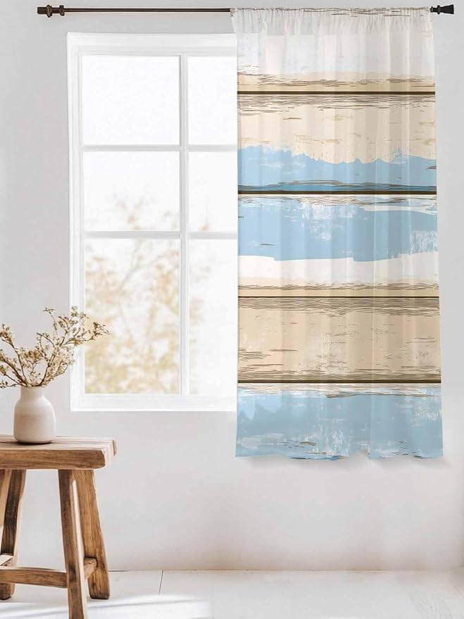 Sheer Curtains 63 Inch Length, Vintage Geometric Blue Semi Sheer Curtains Light - Image 3