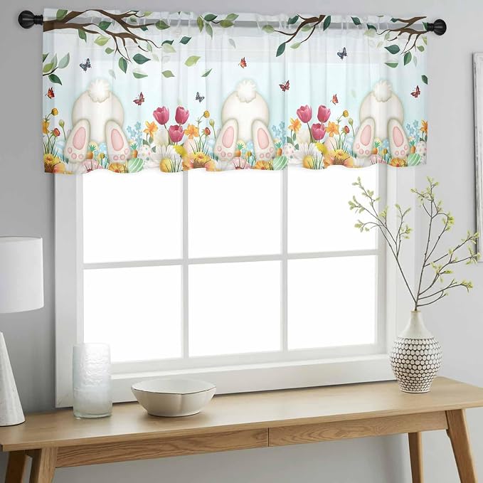Easter Sheer Valances for Windows 42"x18", Light Filtering Kitchen Curtains - Image 2