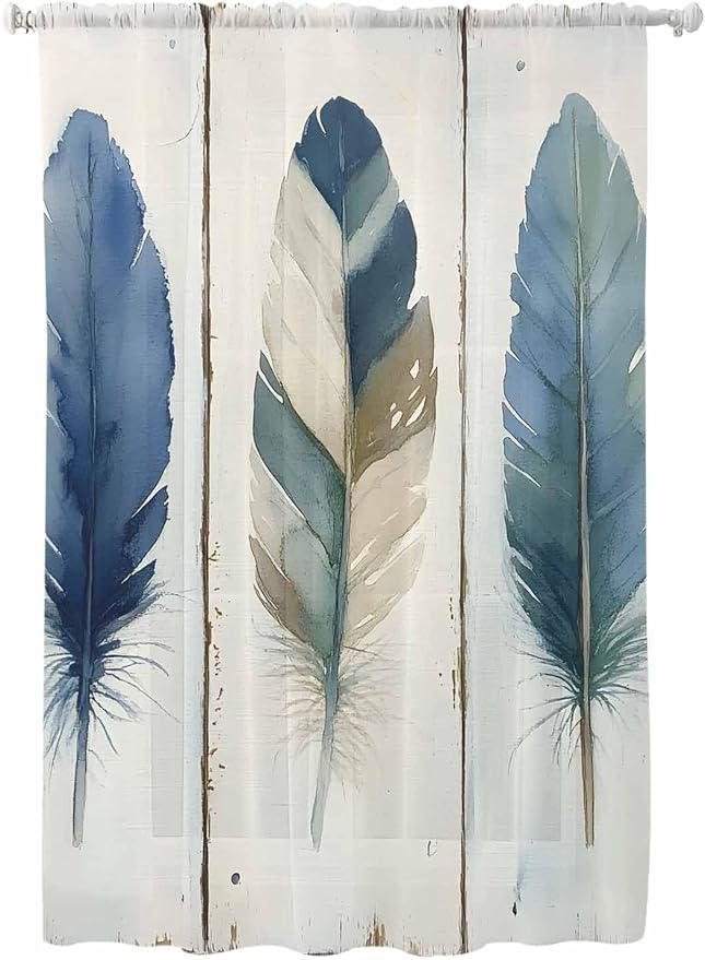Sheer Curtains 63 Inch Length, Boho Blue Feathers Semi Sheer Curtains Light by Unknown