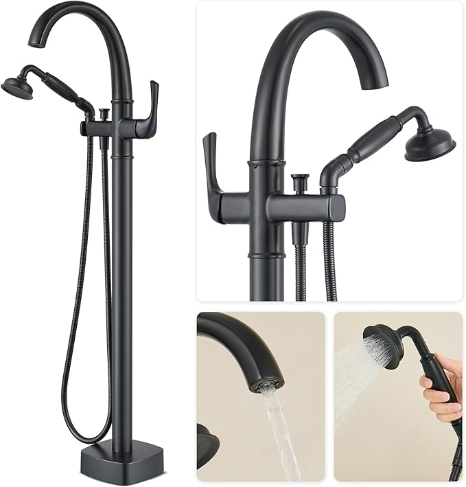 Free Standing Tub Faucet, Hanallx Luxury Matte Black Freestanding Bathtub Faucet with Sprayer, Premium Brass High Flow Rate Floor Mount Tub Filler Swivel Spout, Roman Tub Faucet Set（HM88011-BK）
