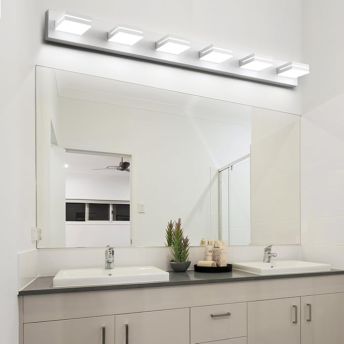 SineRise LED Modern Bathroom Vanity Light Fixtures (6-Light, 48-Inch, Dimmable), Matte White Modern Acrylic Bathroom Wall Lighting Fixtures Over Mirror (Cool White 6000K)