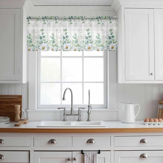 Eucalyptus Leaves Daisy Sheer Valance Curtains, Summer Farmhouses Gray Plaid - Image 2