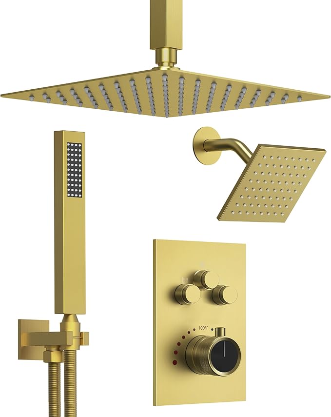 Thermostatic Shower System, Dual Rainfall Shower Heads for Ceilling & Wall Mounted with Handheld Sprayer, Brushed Gold