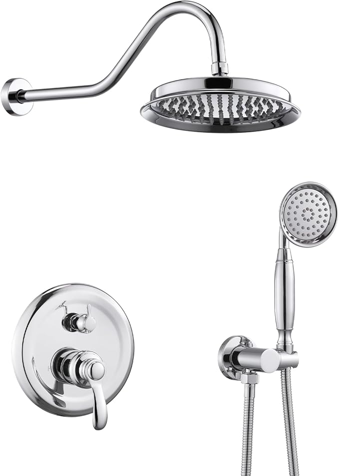 Antique Shower Head Faucet Set,Chrome Vintage Wall Mount Shower Faucets Combo With Handheld Spray,Bathroom Rainfall Shower System Trim Kit With Brass Pressure Balance Valve & 9''Shower Head