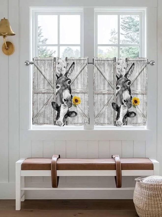 Grey Farmhouse Half Window Curtains 24 Inches Long, Vintage Sunflowers Animals - Image 4