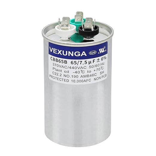 VEXUNGA 65/7.5 uF 65+7.5 MFD 370V or 440V Dual Run Start Round A/C Capacitor by VEXUNGA