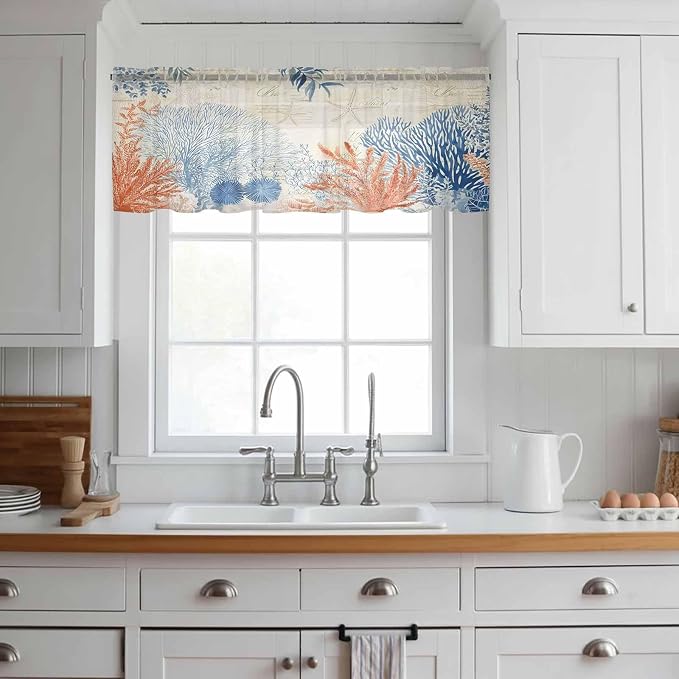 Ocean Corals Sheer Valance Curtains, Summer Beach Coral Sea Stars Retro Texture - Image 2