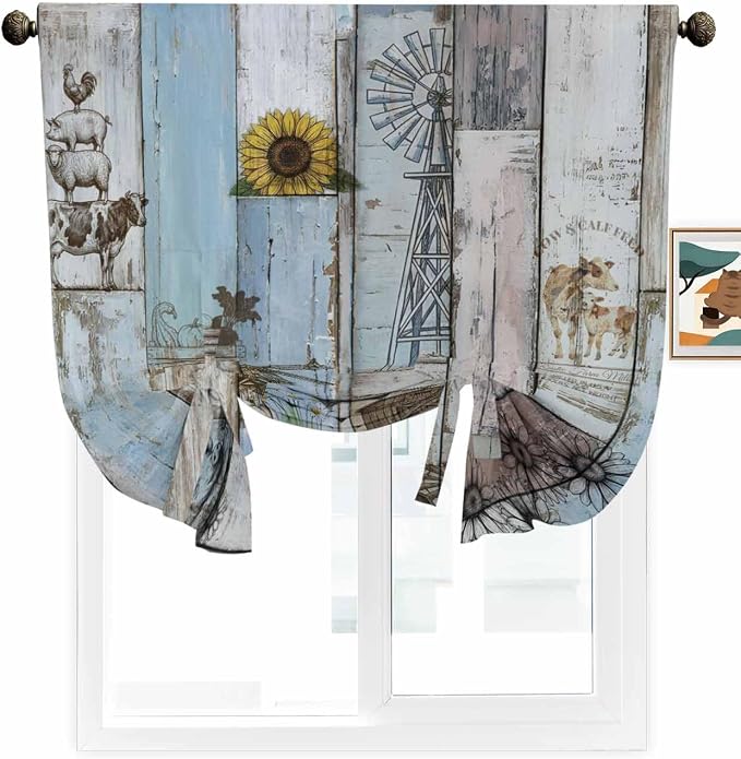 Tie Up Curtains for Windows, Farmhouse Barn Sunflowers Retro Tie Up Light - Image 2