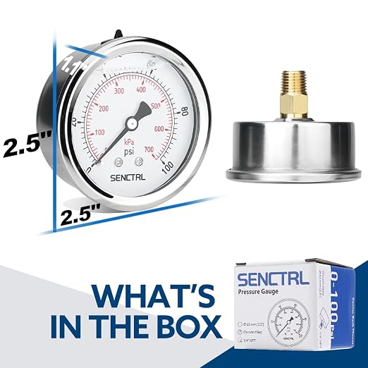 SENCTRL 0-100 Psi Glycerin Liquid Filled Low Pressure Gauge, 2.5" Dial Size - Image 6