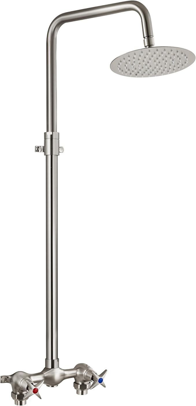 Aolemi Outdoor Shower Kit Outdoor Shower Fixtures Faucet System Double Handle Exposed Shower with 8 Inch Rainfall Shower Head Adjustable Height Shower Pipe 6 Inch Center Brushed Nickel