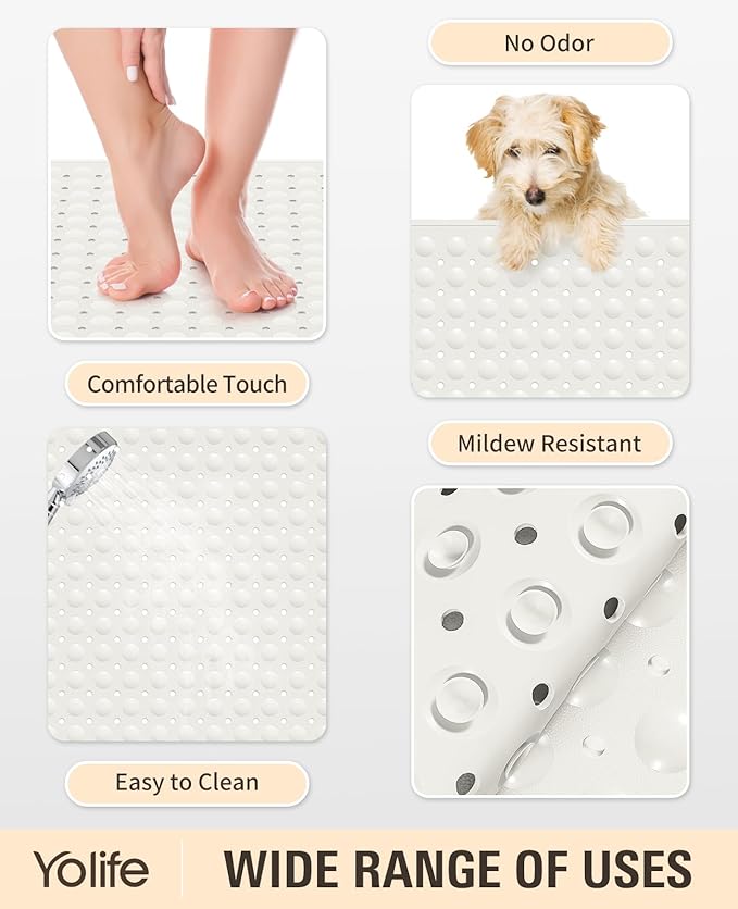 Yolife Extra Large TPE Shower Mat, 47.2" L x 31.5" W Anti Slip Bath Mat with Drain Holes and Suction Cups, Large Size Mat More Suitable for Shower Stall, No Odor, Heavy Mat (White, 47.2" x 31.5")