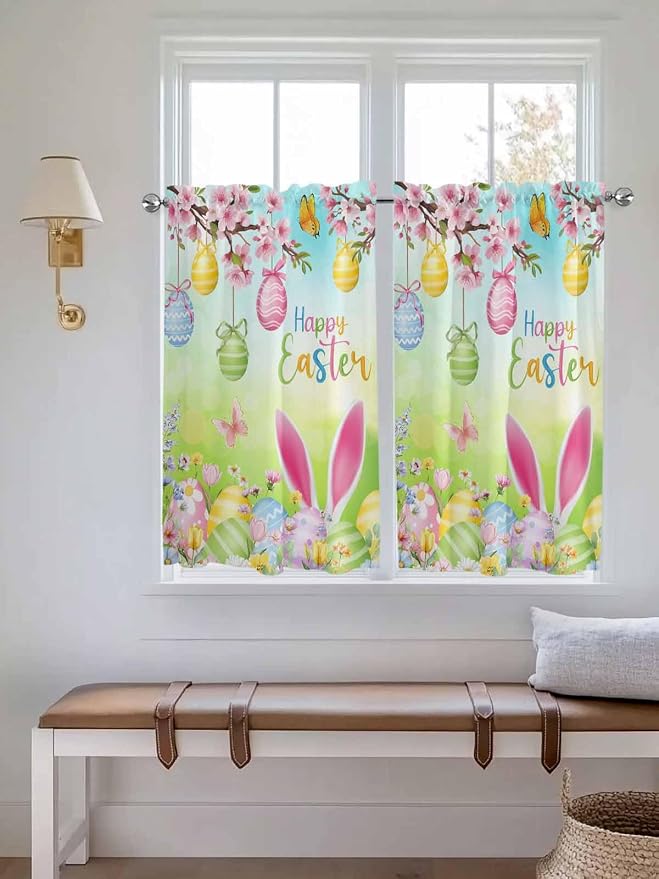 Easter Kitchen Curtains 45 Inches length, Spring Bunny Colorful Rabbit Eggs - Image 4