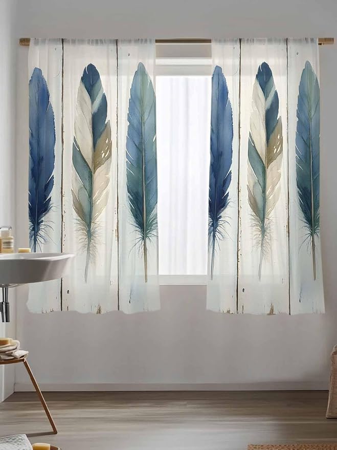 Sheer Curtains 63 Inch Length, Boho Blue Feathers Semi Sheer Curtains Light - Image 5