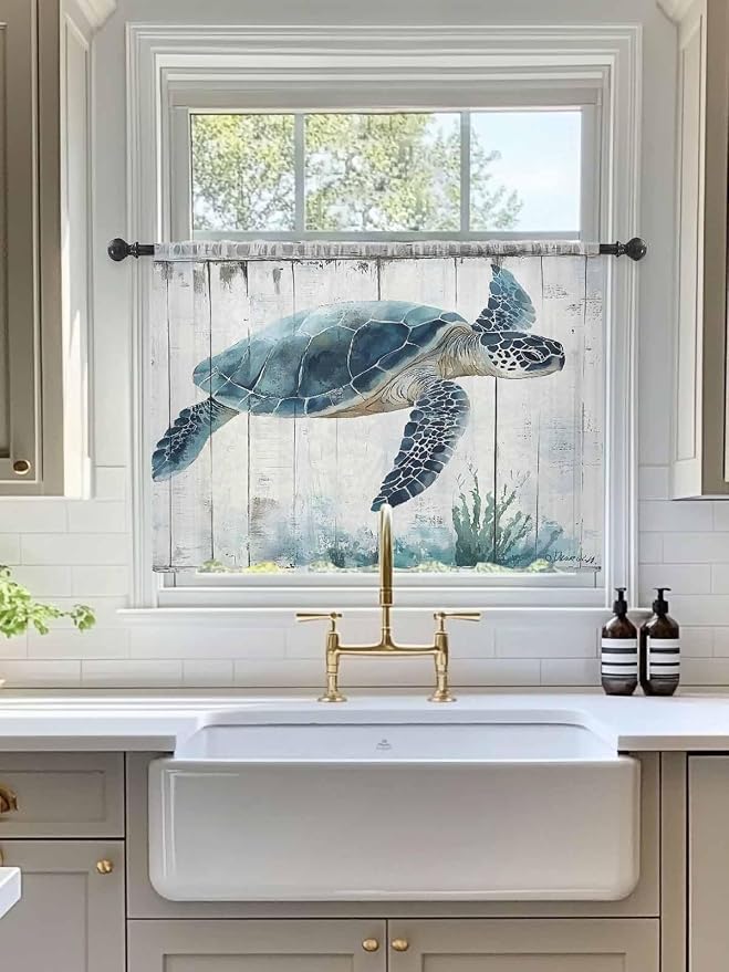 Sheer Curtains 45 Inch Length, Sea Turtle Teal Blue Semi Sheer Curtains Light - Image 3