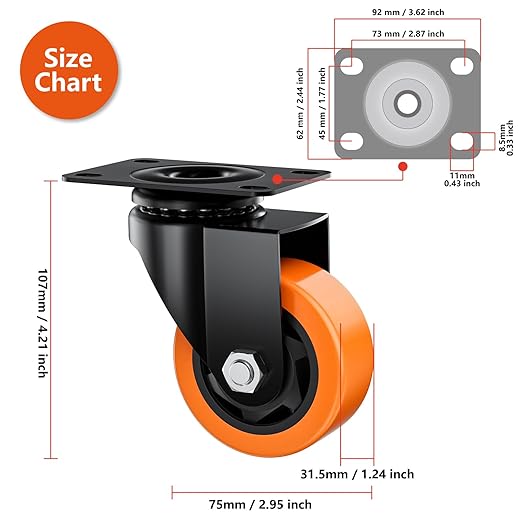 3" Swivel Plate Casters Set of 4 Heavy Duty 1000 lbs | Orange PU, Non-Marking - Image 2