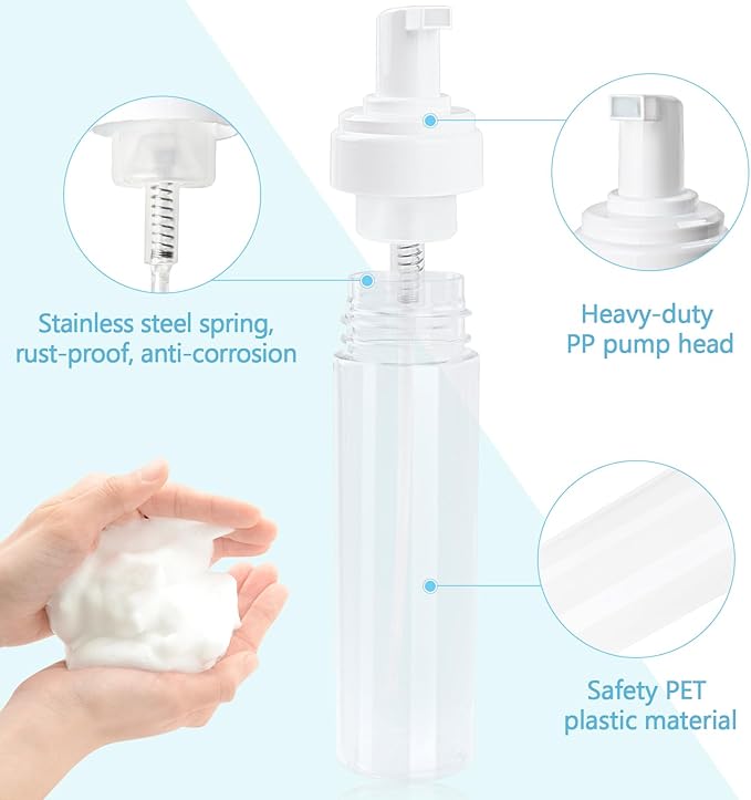 Foam Pump Bottle 8.5oz/250ml Clear Empty Foam Bottle Pump, Travel Foam Bottles for Soap, Shampoo, Cleaning Foam Dispenser Bottle Refillable (4 Pack)
