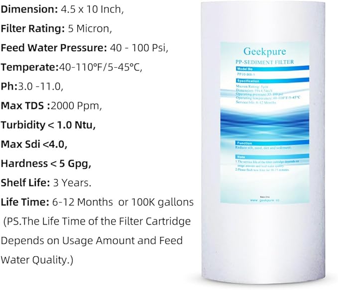 Geekpure 10 Inch Whole House Replacement Water Filters Set w/PP and Carbon - Image 5