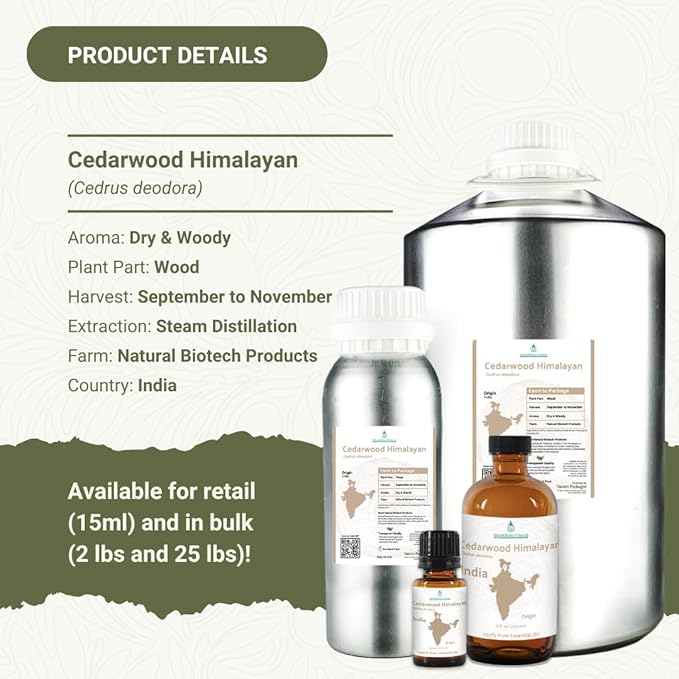 Cedarwood Himalayan Essential Oil - 100% Pure Steam Distilled Natural Cedarwood Himalayan Oil (Aceite de Cedro) from Natural Biotech NBT India for Aromatherapy & DIY Projects - 2lbs